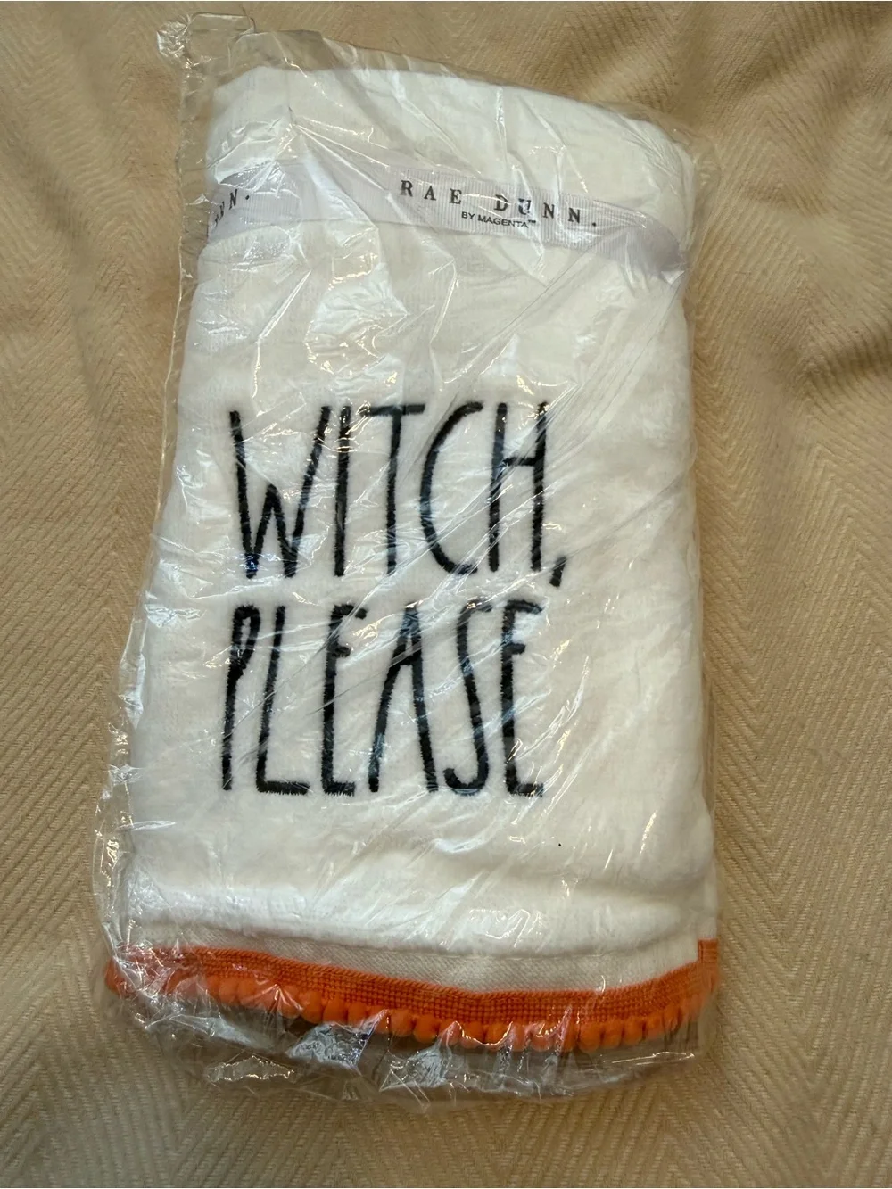 Rae Dunn White 'Witch, Please' Bath Towel with Orange Trim